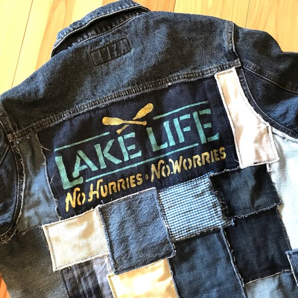 Upcycled Denim Patch Jacket: Lake Life Theme Patchwork Jean Coat, Women’s Large - Picture 12 of 12